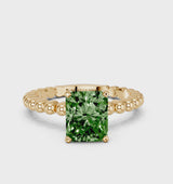 Yellow gold Fancy Green Radiant Cut Diamond Solitaire Ring with Beaded Band and Prong Setting