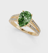 Yellow gold Fancy Green Pear Cut Diamond Solitaire Engagement Ring with Split Shank Pavé Band