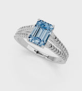 Silver Fancy Blue Emerald Cut Diamond Solitaire Engagement Ring with Split Shank Pavé Band
