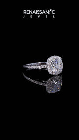 White gold Asscher Cut Halo Pave Diamond Engagement Ring with Four-Prong Setting