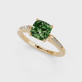 Yellow gold Fancy Green Cushion  Cut Channel Set Solitaire Engagement Ring with Four-Prong Setting