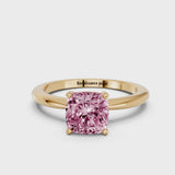 Yellow gold Fancy Pink Cushion Cut Diamond Solitaire Ring with Six-Prong Setting and Classic Band
