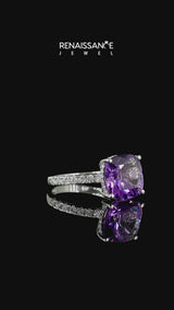 Silver Cushion Cut Amethyst Pave Band Solitaire Ring with Round  and Prong Setting