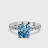 Platinum Fancy Blue Radiant Cut Diamond Solitaire Pavé Band with Four-Prong Setting