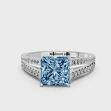 Silver Fancy Blue Princess Cut Diamond Solitaire Engagement Ring with Split Shank Pavé Band