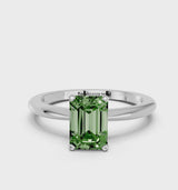 Platinum Fancy Green Emerald Cut Diamond Solitaire Ring with Six-Prong Setting and Classic Band