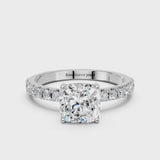 Platinum Cushion Cut Diamond Solitaire Pavé Band with Four-Prong Setting