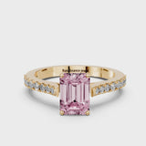 Yellow gold Fancy Pink Emerald  Cut Solitaire Diamond Engagement Ring with Pave Band and Four-Prong Setting
