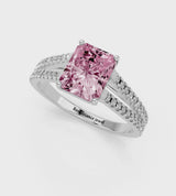 Silver Fancy Pink Radiant Cut Diamond Solitaire Engagement Ring with Split Shank Pavé Band