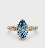 Yellow gold Fancy Blue Marquise  Solitaire Pave Diamond Engagement Ring with Four-Prong Setting