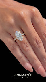 Yellow gold Marquise Cut Diamond Solitaire Ring with Round  Pavé Band and Four-Prong Setting