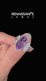 Silver Three-Stone Marquise Cut Amethyst Ring with Round  Pavé Band and Prong Setting