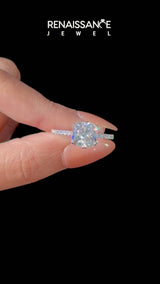 White gold Cushion Solitaire Diamond Engagement Ring with Pave Band and Six-Prong Setting