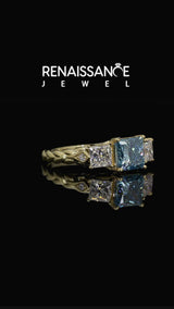 Yellow Gold Princess Cut Three Stone Engagement Ring Setting for Fancy Blue Center with Braided Band