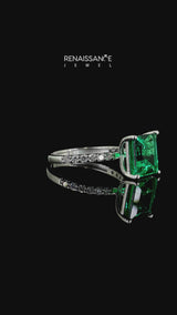 Silver Princess Cut Emerald Solitaire Ring with Round  Pavé Band and Prong Setting