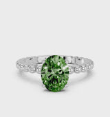 White gold Fancy Green Oval Cut Diamond Solitaire Ring with Beaded Band and Prong Setting