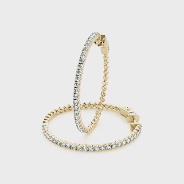 Yellow gold Round Cut Diamond Hoop Earrings with Pavé Setting and Prong Set Stones 3