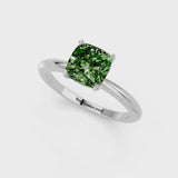 White gold Fancy Green Cushion Cut Diamond Solitaire Ring with Six-Prong Setting and Classic Band