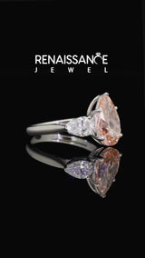 Silver Fancy Pink Pear Cut Diamond Three-Stone Ring with Pear Side Stones and Prong Setting