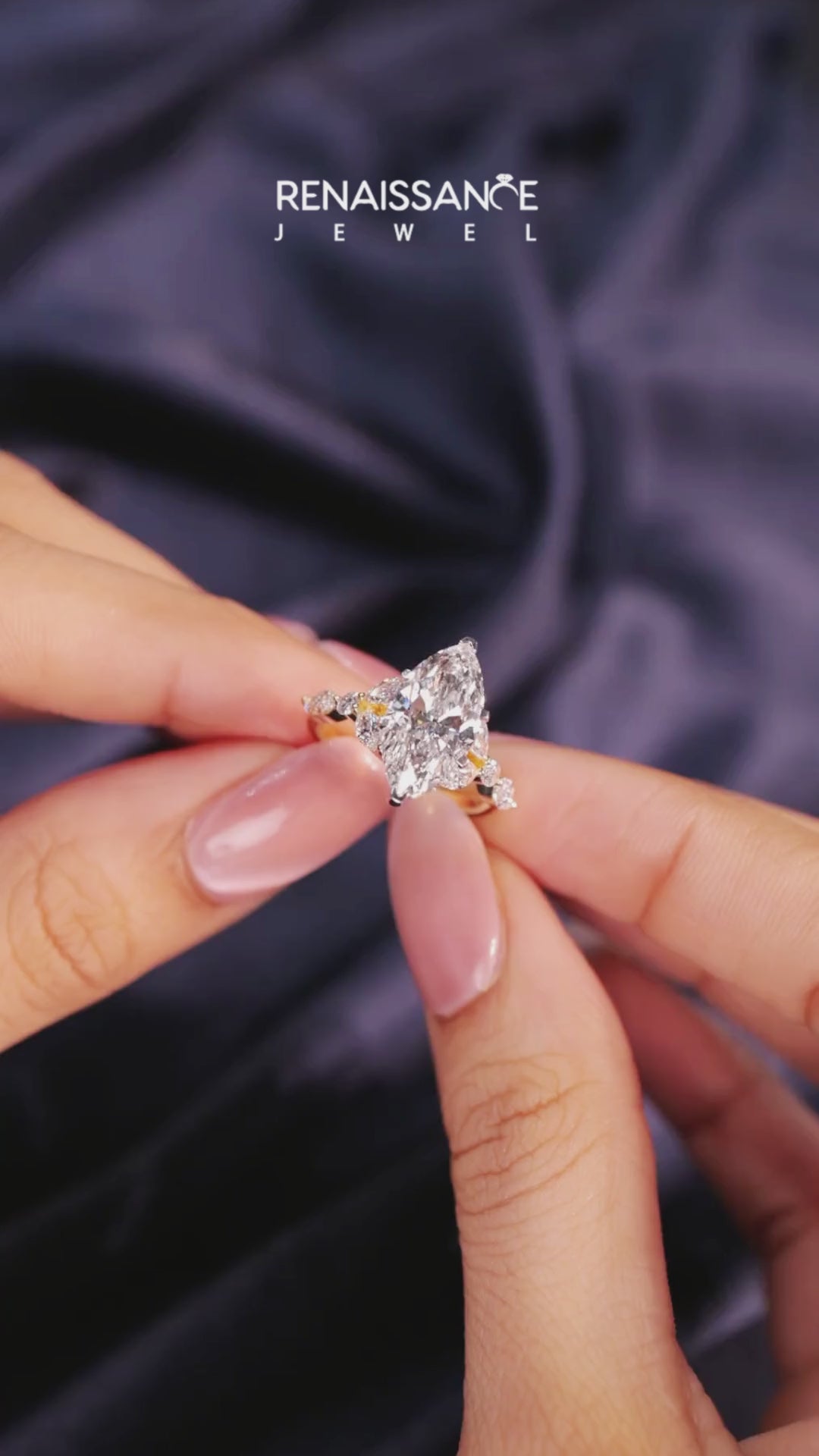 Yellow gold Marquise Diamond Solitaire with Side Stones on a White Gold Band and Four-Prong Setting 7