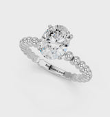 White gold Oval Cut Diamond Solitaire Ring with Beaded Band and Prong Setting