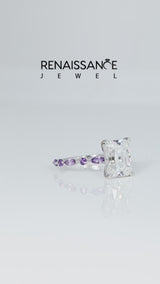 White gold Radiant Cut Diamond Ring with Marquise and Round with Amethyst side stone Side Stones and Four-Prong Setting