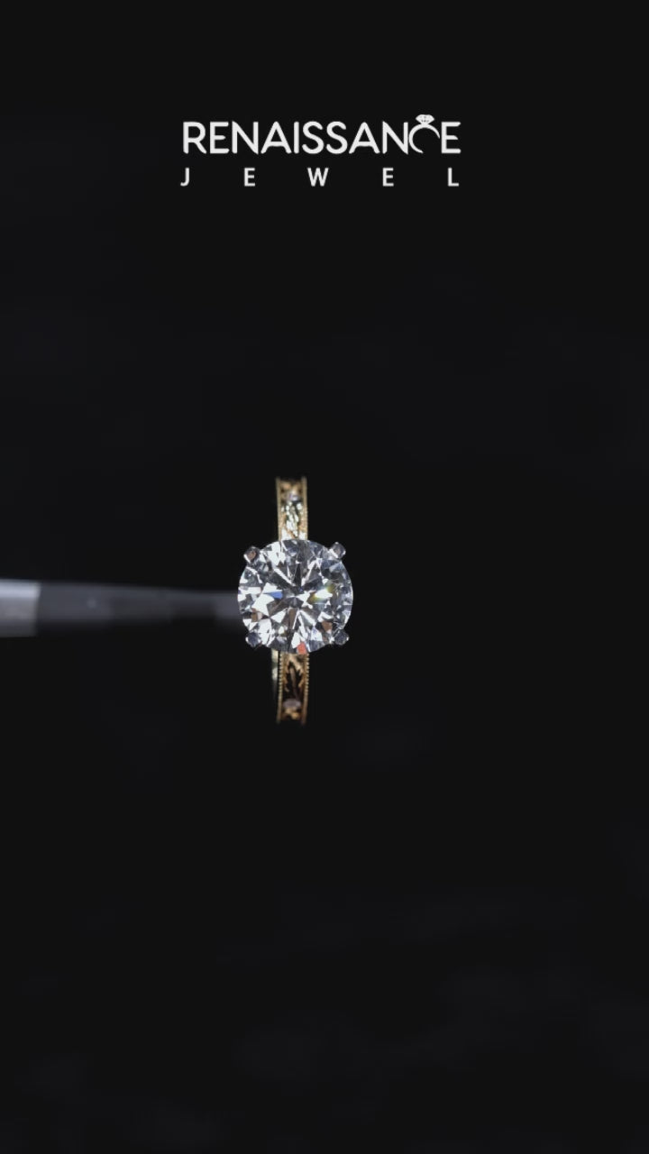 Yellow gold Round Solitaire Milgrain Engagement Ring with Filigree Band and Four-Prong Setting 6