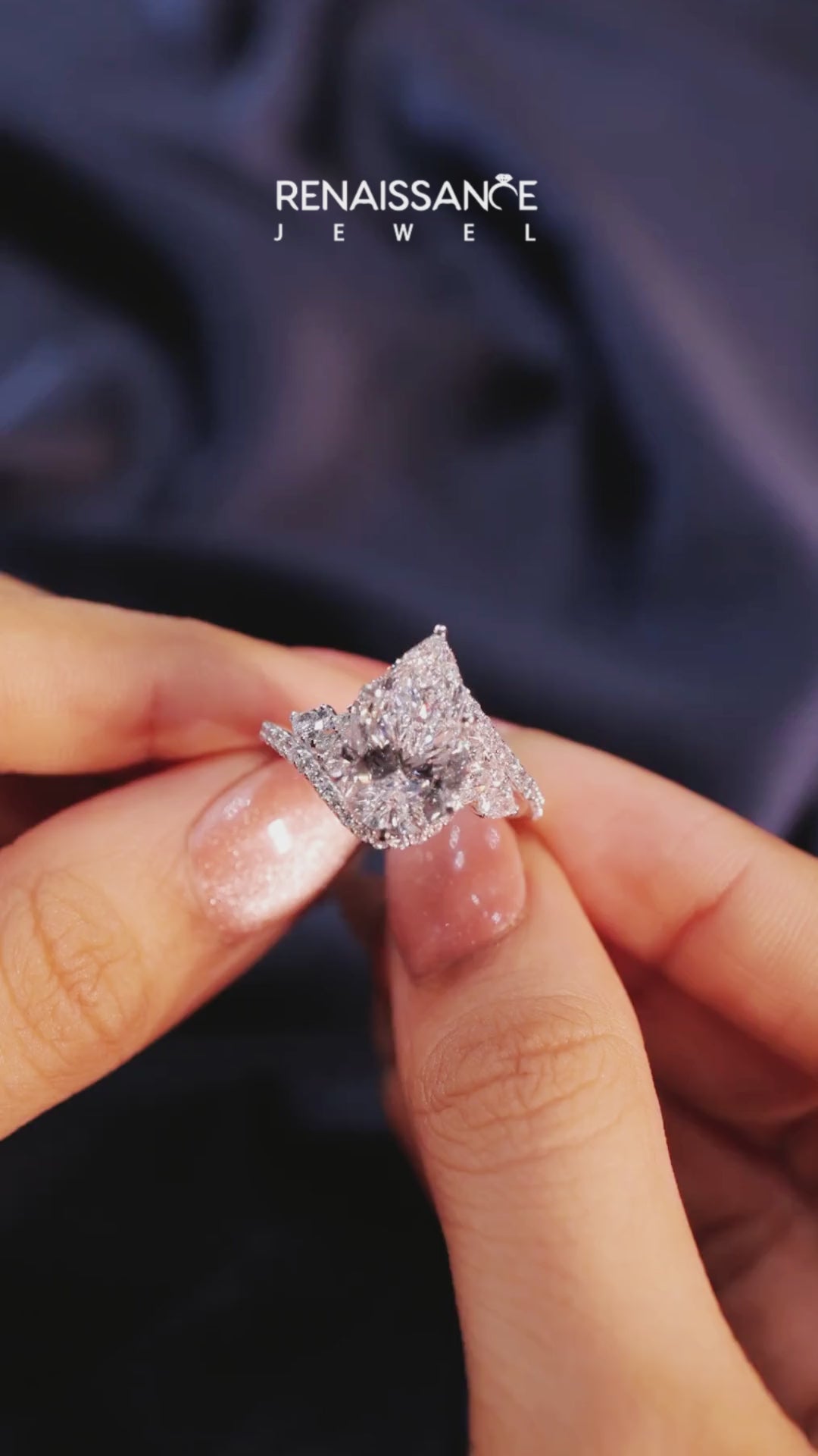 Platinum Pear Diamond Halo Ring with Marquise and Pavé Band in Prong Setting 7