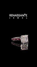 Silver Asscher Cut Diamond Cathedral Solitaire Ring with Round with Ruby side stone Pavé Band