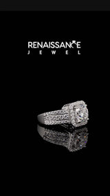 Silver Cushion Cut Halo Moissanite Ring with Round  Split Shank and Prong Setting