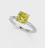 White gold Fancy Yellow Cushion Cut Diamond Solitaire Ring with Six-Prong Setting and Classic Band