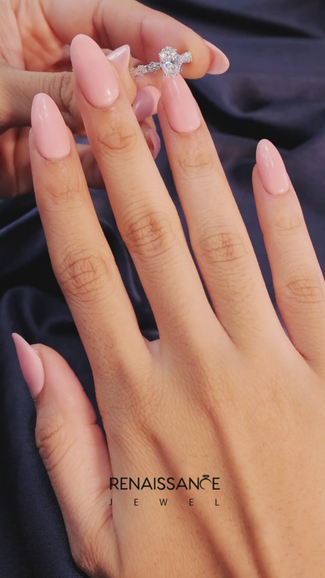 Platinum Oval Solitaire with Side Stones, Pave Band, Four-Prong Setting 7