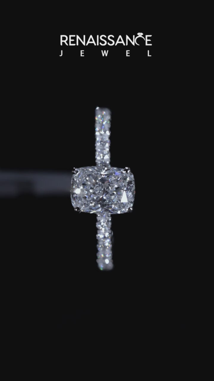 Silver Cushion Solitaire Diamond Pavé Band with Four-Prong Setting 7