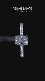 Silver Cushion Cut Diamond Solitaire Ring with Pavé Accents and Four-Prong Setting