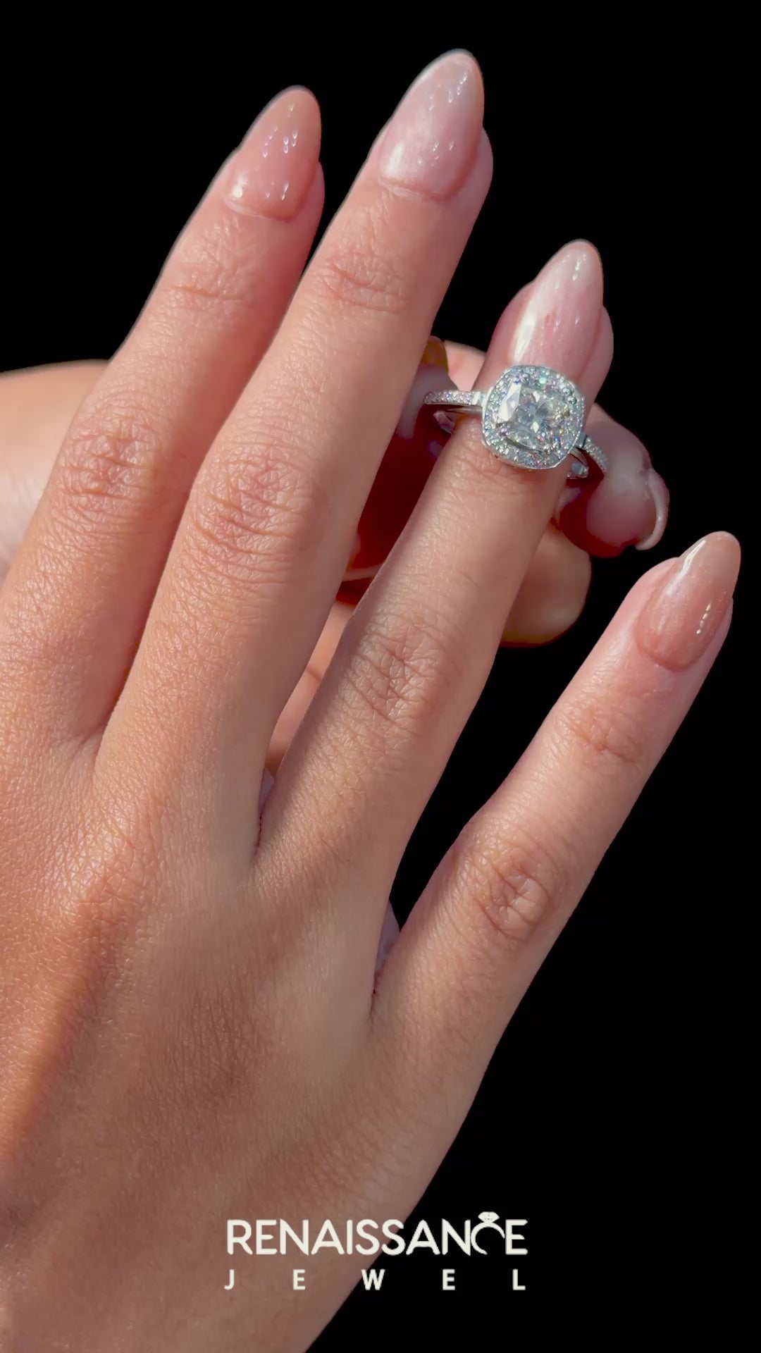 Silver Cushion Halo Diamond Ring with Split Shank and Four-Prong Setting_30