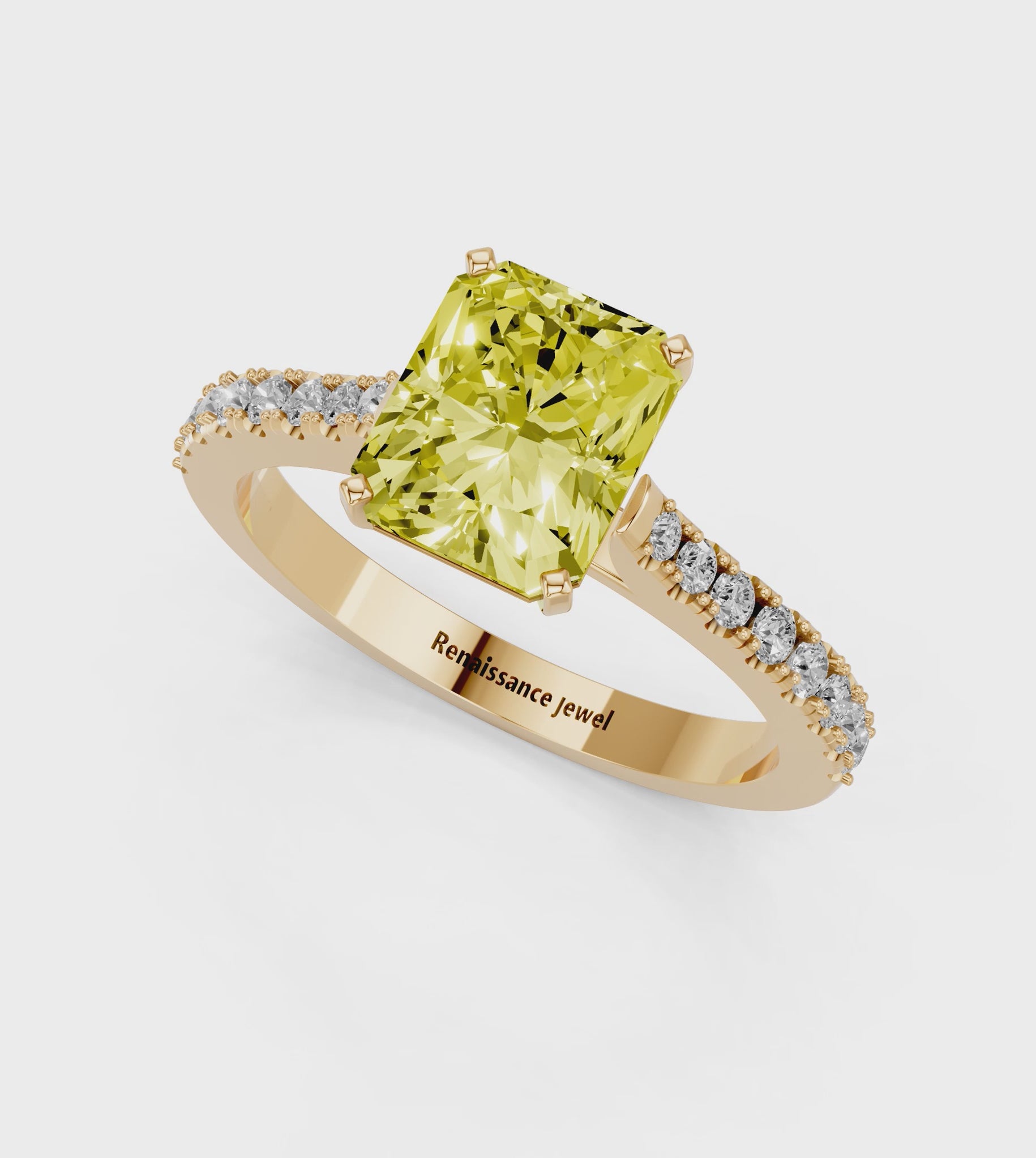 Yellow gold Fancy Yellow Radiant  Cut Solitaire Diamond Engagement Ring with Pave Band and Four-Prong Setting_60