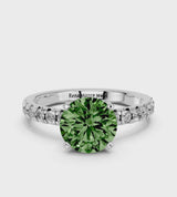 Platinum Fancy Green Round  Solitaire Pave Diamond Engagement Ring with Four-Prong Setting