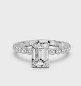 Silver Emerald Cut Diamond Solitaire Ring with Beaded Band and Prong Setting
