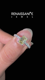 Silver Fancy Yellow Emerald Cut Diamond Solitaire Ring with Round  Pavé Band and Four-Prong Setting