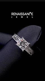 White gold Princess Cut Diamond Solitaire Ring with Engraved Band and Four-Prong Setting