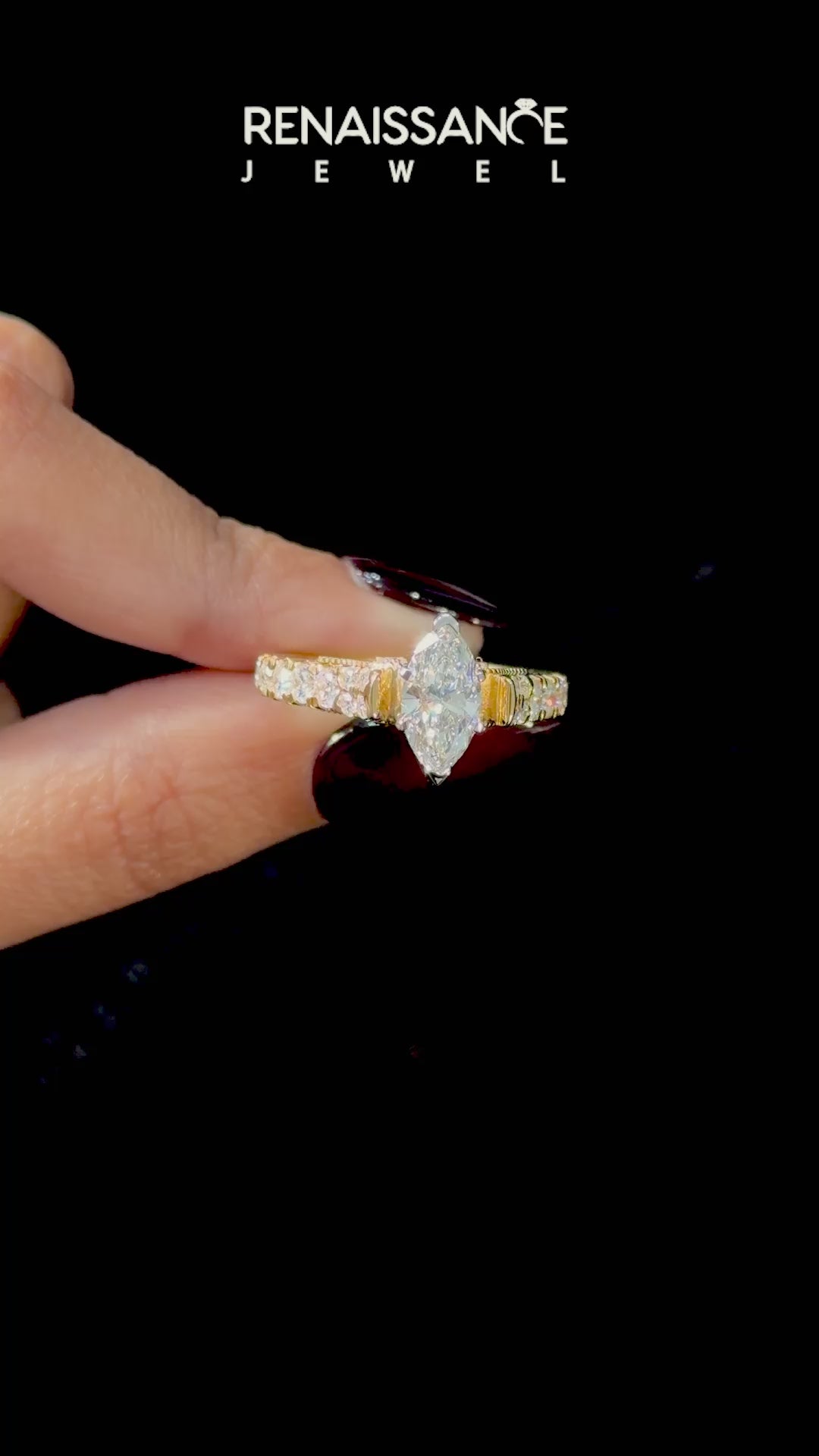 Yellow gold Marquise Cut Diamond Pavé Band Solitaire with Four-Prong Setting_9