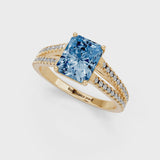 Yellow gold Fancy Blue Radiant Cut Diamond Solitaire Engagement Ring with Split Shank Pavé Band