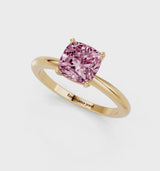 Yellow gold Fancy Pink Cushion Cut Diamond Solitaire Ring with Six-Prong Setting and Classic Band