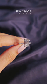 Silver Emerald Solitaire Diamond with Pavé Band and Four-Prong Setting