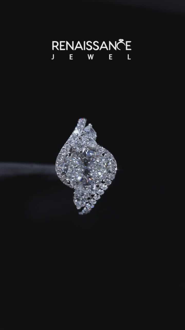 White gold Oval Diamond Halo Ring with Marquise and Pavé Band in Prong Setting 7