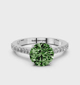Silver Fancy Green Round  Cut Solitaire Diamond Engagement Ring with Pave Band and Four-Prong Setting