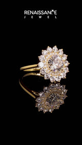 Yellow gold Round Halo Cluster Diamond Ring with Pave Band and Four-Prong Setting