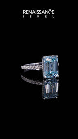 White gold Fancy Blue Emerald Cut Diamond Pave Band Solitaire Ring with Round  and Prong Setting