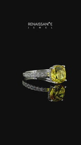 Silver Cushion Cut Yellow Sapphire Pave Band Solitaire Ring with Round  and Prong Setting