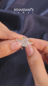 Silver Radiant Cut Diamond Ring with Marquise Side Stones and Prong Setting